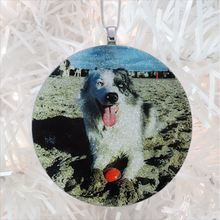 Load image into Gallery viewer, Good dog on a beach - white glitter - Custom image glass and glitter handmade holiday ornament.
