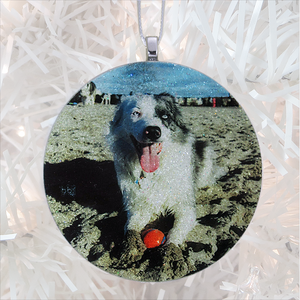 Good dog on a beach - white glitter - Custom image glass and glitter handmade holiday ornament.