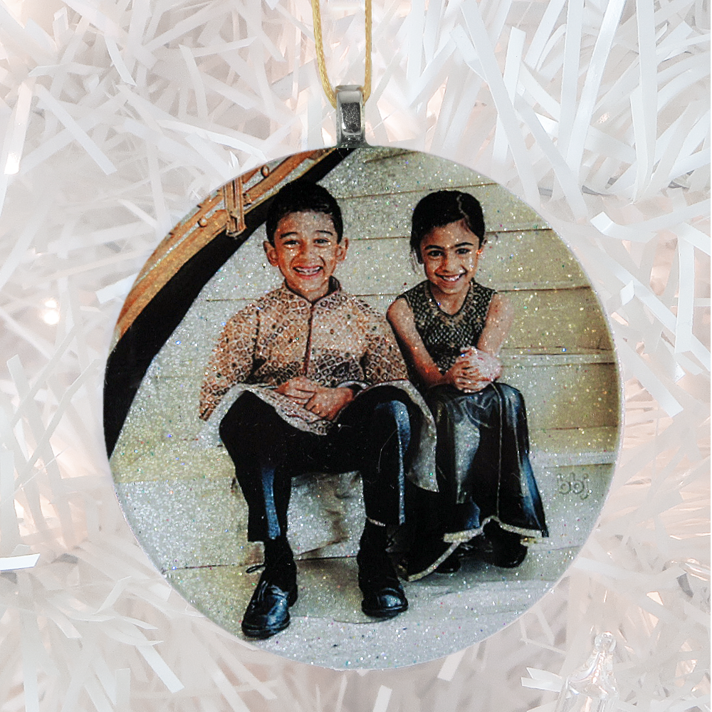 2 cute kids - white glitter - Custom image glass and glitter handmade holiday ornament. 