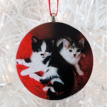 Load image into Gallery viewer, 2 cute kittens - white glitter - Custom image glass and glitter handmade holiday ornament. 

