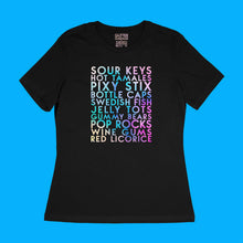 Load image into Gallery viewer, custom sample  - candy faves -  holographic pearl text on black womens t-shirt - Custom YourTen tee by BBJ / Glitter Garage
