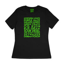 Load image into Gallery viewer, custom sample - cannabis strains - neon green matte text on black womens t-shirt - Custom YourTen tee by BBJ / Glitter Garage
