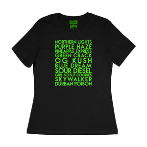 custom sample - cannabis strains - neon green matte text on black womens t-shirt - Custom YourTen tee by BBJ / Glitter Garage