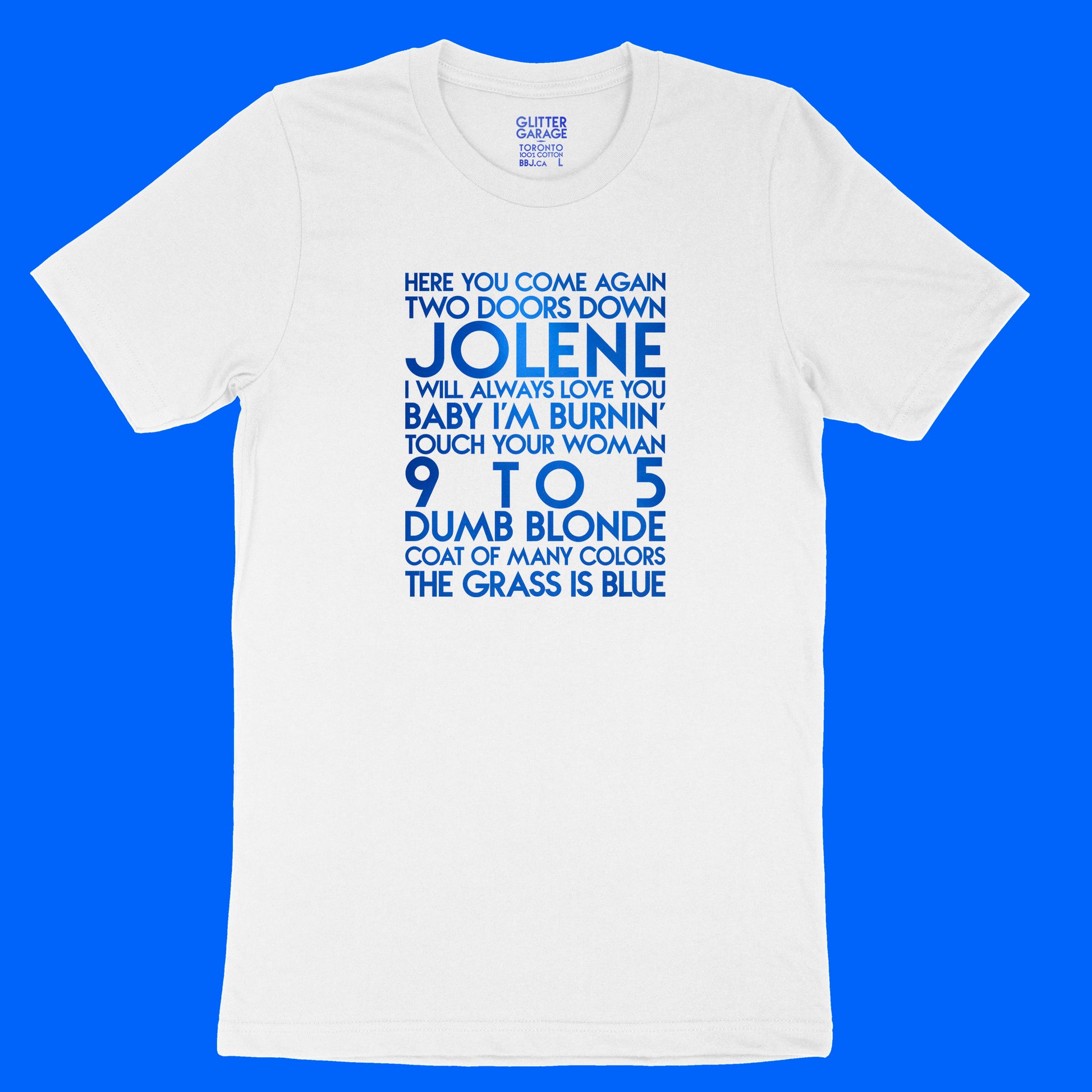Dolly songs YourTen custom sample - blue metallic text on white unisex t-shirt -  by BBJ / Glitter Garage