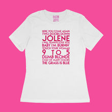 Load image into Gallery viewer, custom sample - Dolly songs - hot pink glitter text on white womens t-shirt - Custom YourTen tee by BBJ / Glitter Garage
