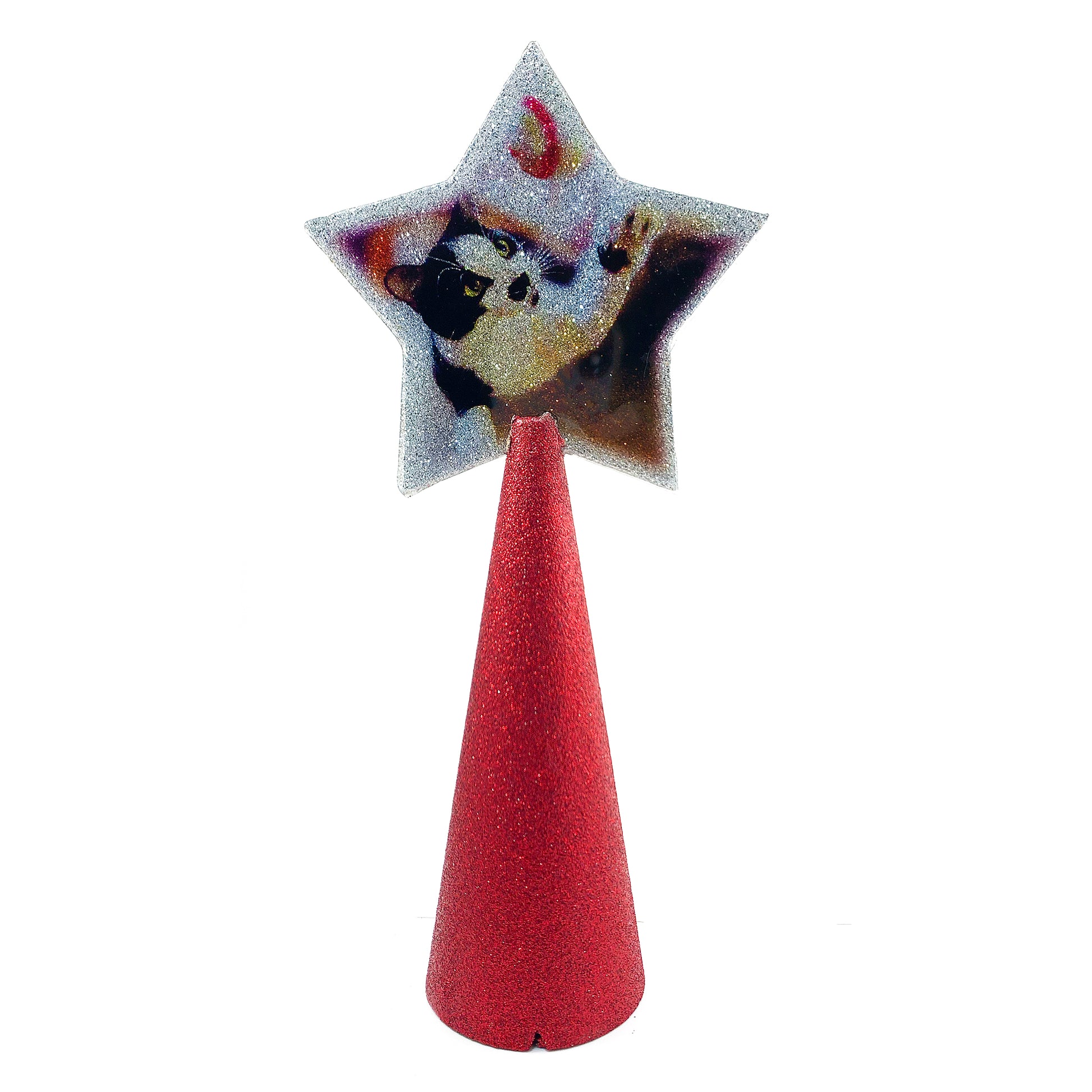 Cute cat custom christmas tree topper - star photo on red glitter cone - side 2 of double-sided