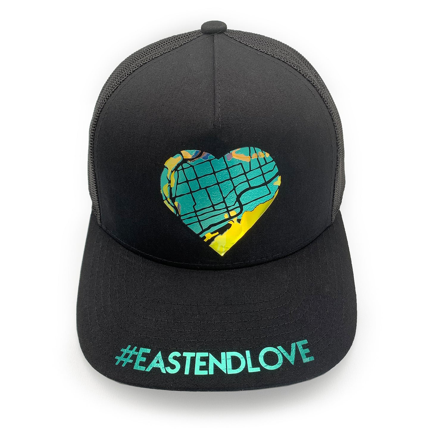 Black snapback hat with #EastEndLove + heart-shaped map in metallic teal, opalescent vinyl