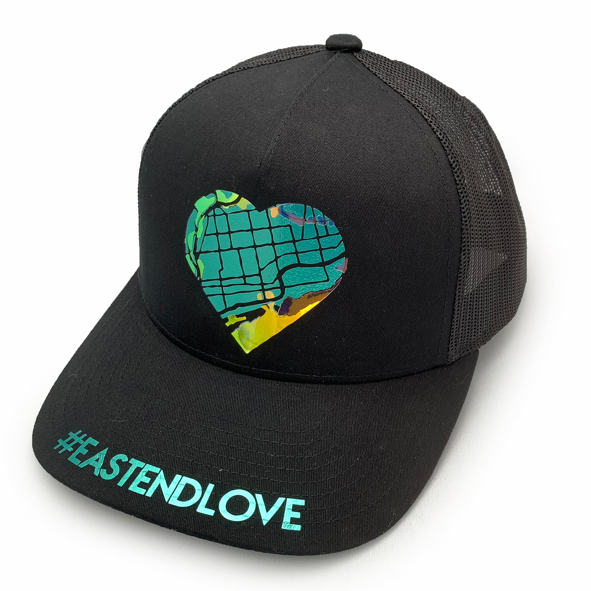 Black snapback hat with #EastEndLove + heart-shaped map in metallic teal, opalescent vinyl