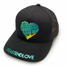 Load image into Gallery viewer, Black snapback hat with #EastEndLove + heart-shaped map in metallic teal, opalescent vinyl
