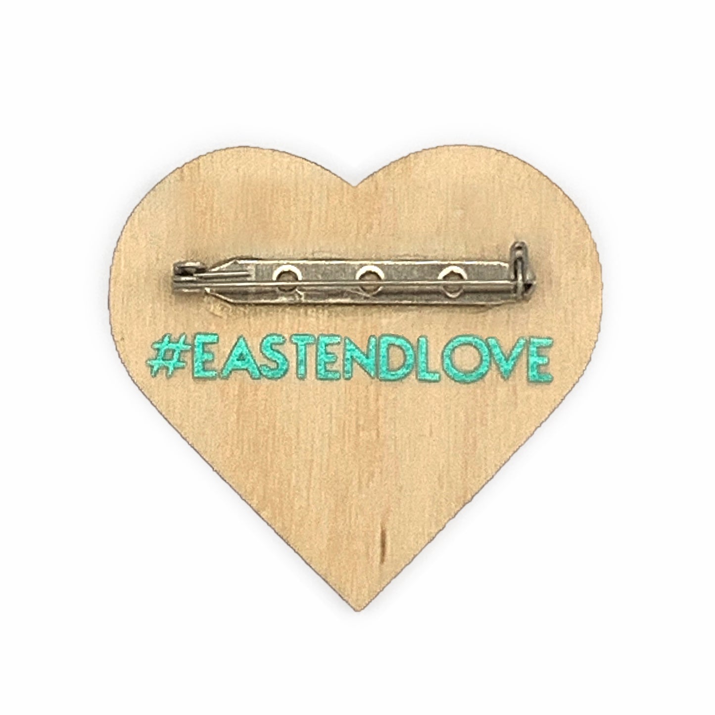 #EastEndLove handmade pin, metallic teal east-end-map heart on wood base - back with teal #EastEndLove text and secure locking bar pin