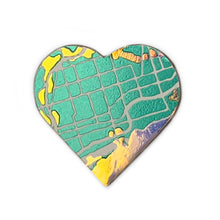 Load image into Gallery viewer, #EastEndLove handmade pin, metallic teal east-end-map heart with holographic accents on wood base - front
