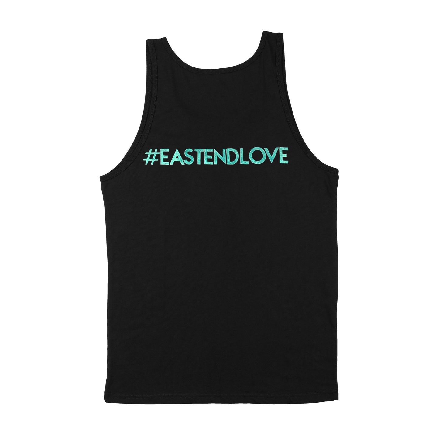 Black unisex tank shirt with metallic teal and shiny holographic east-end-map heart, #EastEndLove text on back by BBJ with East End Arts - back view