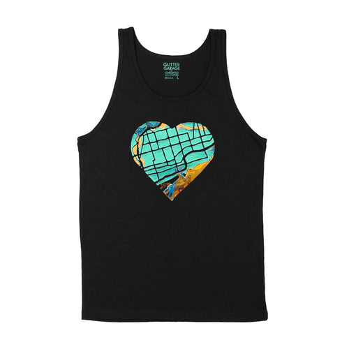 Black unisex tank shirt with metallic teal and shiny holographic east-end-map heart, #EastEndLove text on back by BBJ with East End Arts - front view