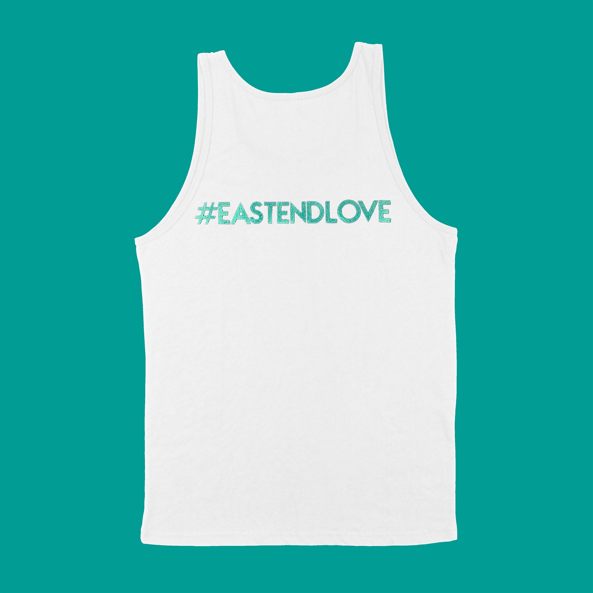 White unisex tank shirt with metallic teal and shiny holographic east-end-map heart, #EastEndLove text on back by BBJ with East End Arts - back view