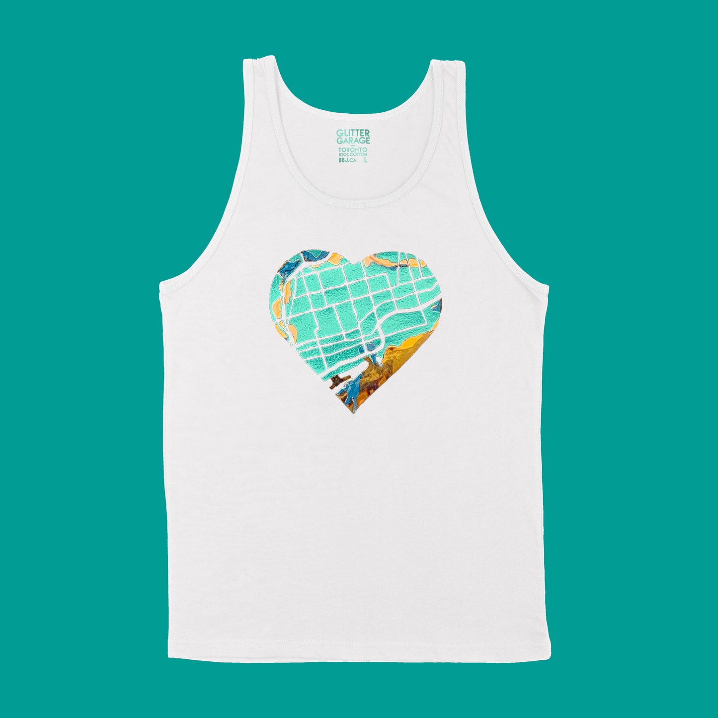 White unisex tank shirt with metallic teal and shiny holographic east-end-map heart, #EastEndLove text on back by BBJ with East End Arts - front view