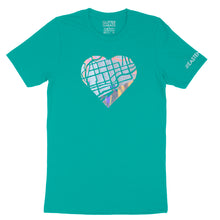 Load image into Gallery viewer, East End Love teal unisex tee with heart-shaped map in silver and opal vinyl - by BBJ in collaboration with East End Arts
