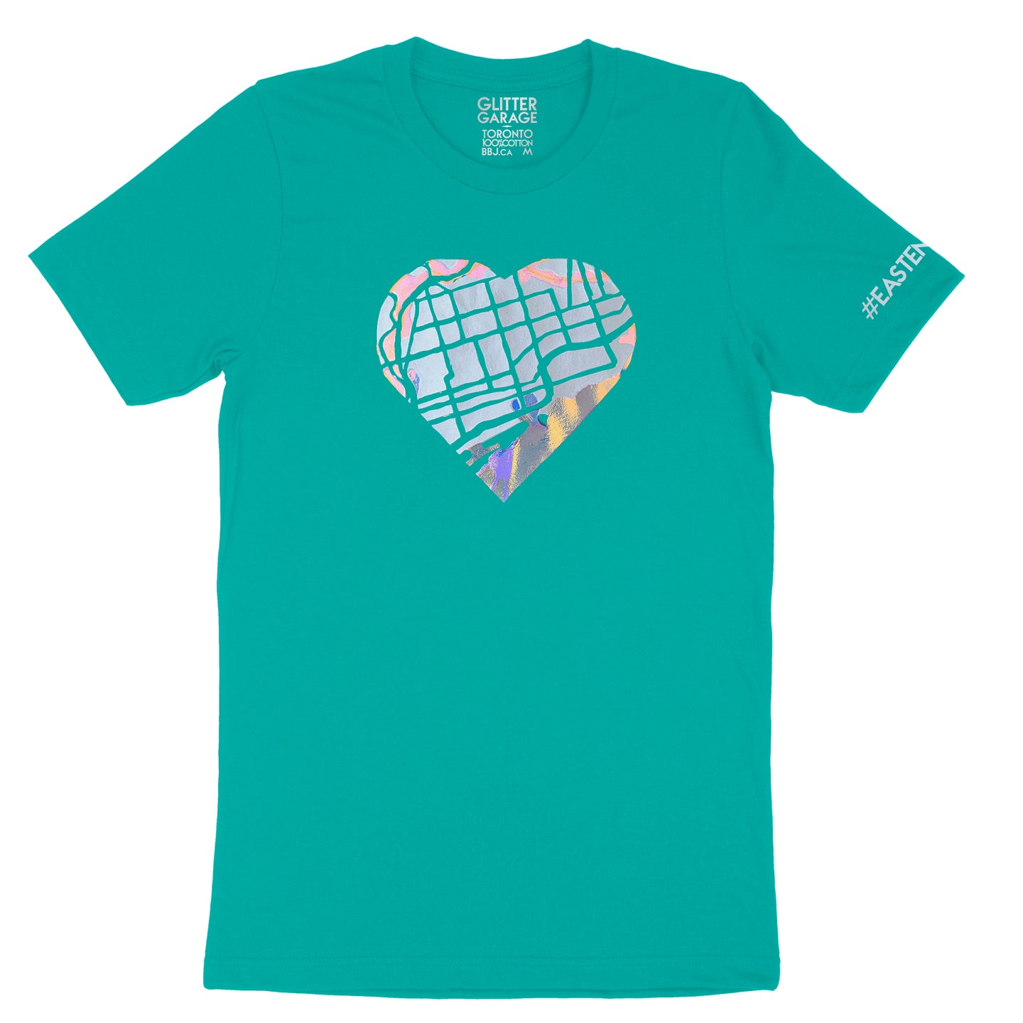 East End Love teal unisex tee with heart-shaped map in silver and opal vinyl - by BBJ in collaboration with East End Arts
