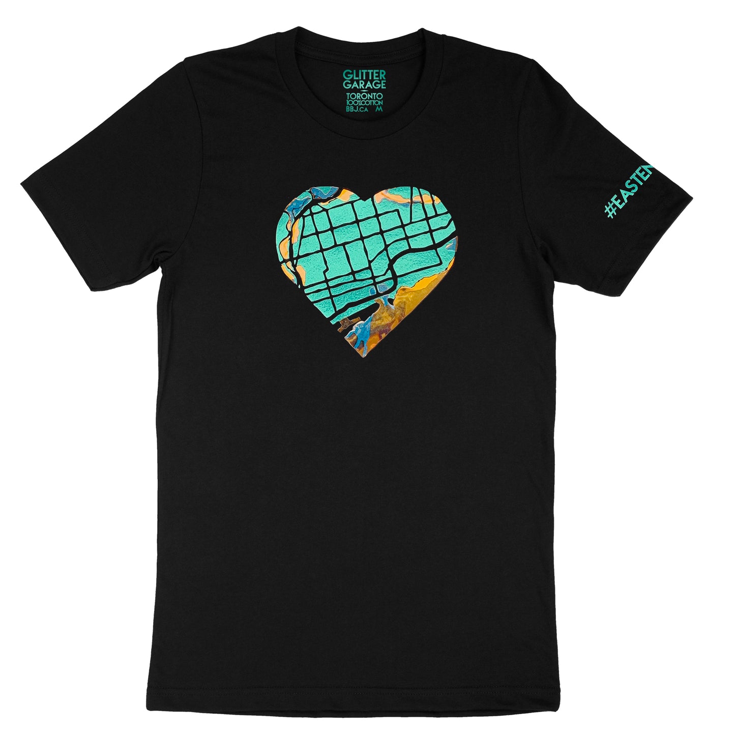 East End Love black unisex tee with heart-shaped map in teal and opal vinyl - by BBJ in collaboration with East End Arts