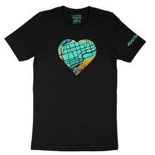 Load image into Gallery viewer, East End Love black unisex tee with heart-shaped map in teal and opal vinyl - by BBJ in collaboration with East End Arts
