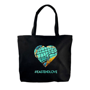 Deluxe zippered tote bag - black canvas with shiny map heart and #eastendlove in metallic teal and opalescent vinyl