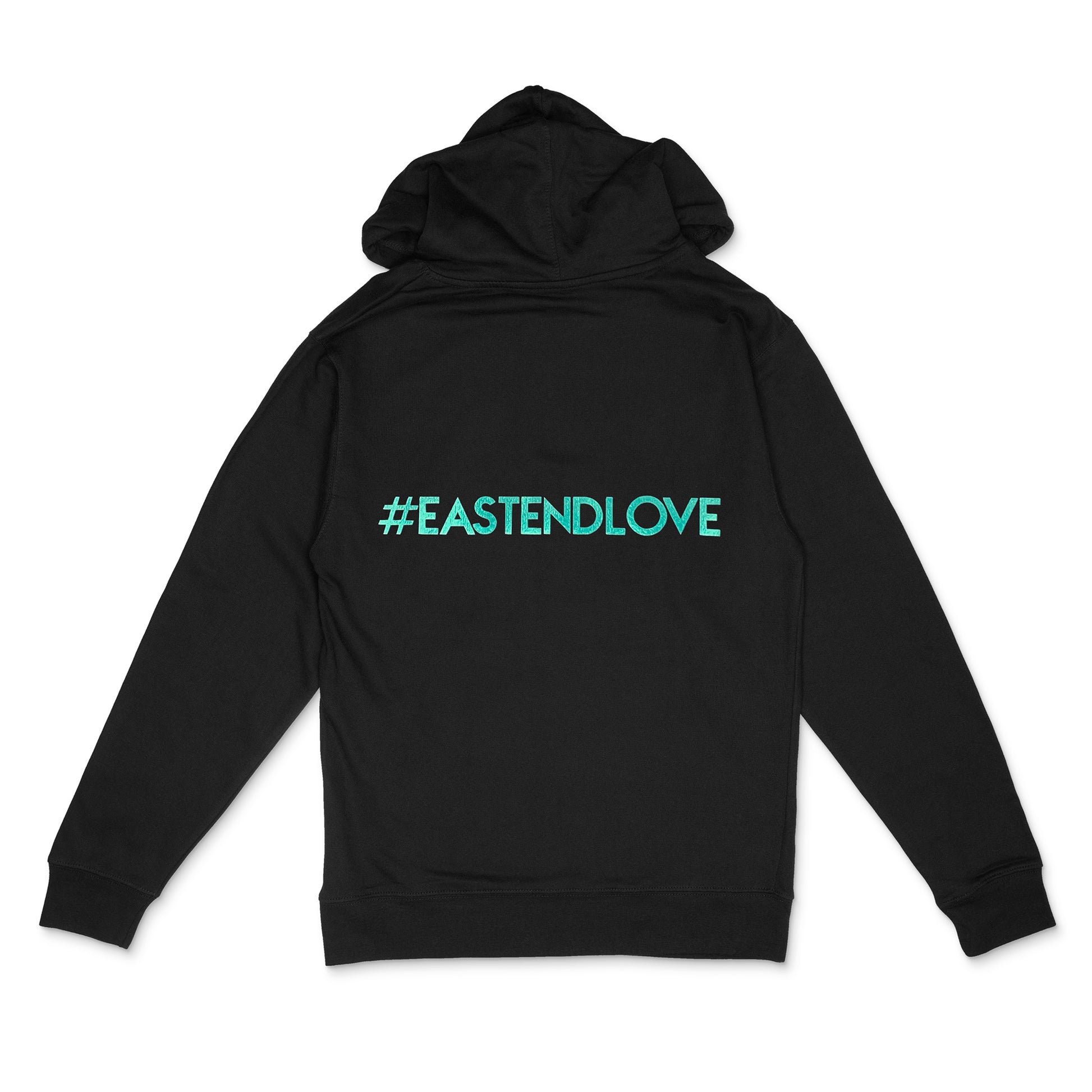 Black zip-up hoodie sweatshirt with metallic teal #EastEndLove text - back - by BBJ with East End Arts
