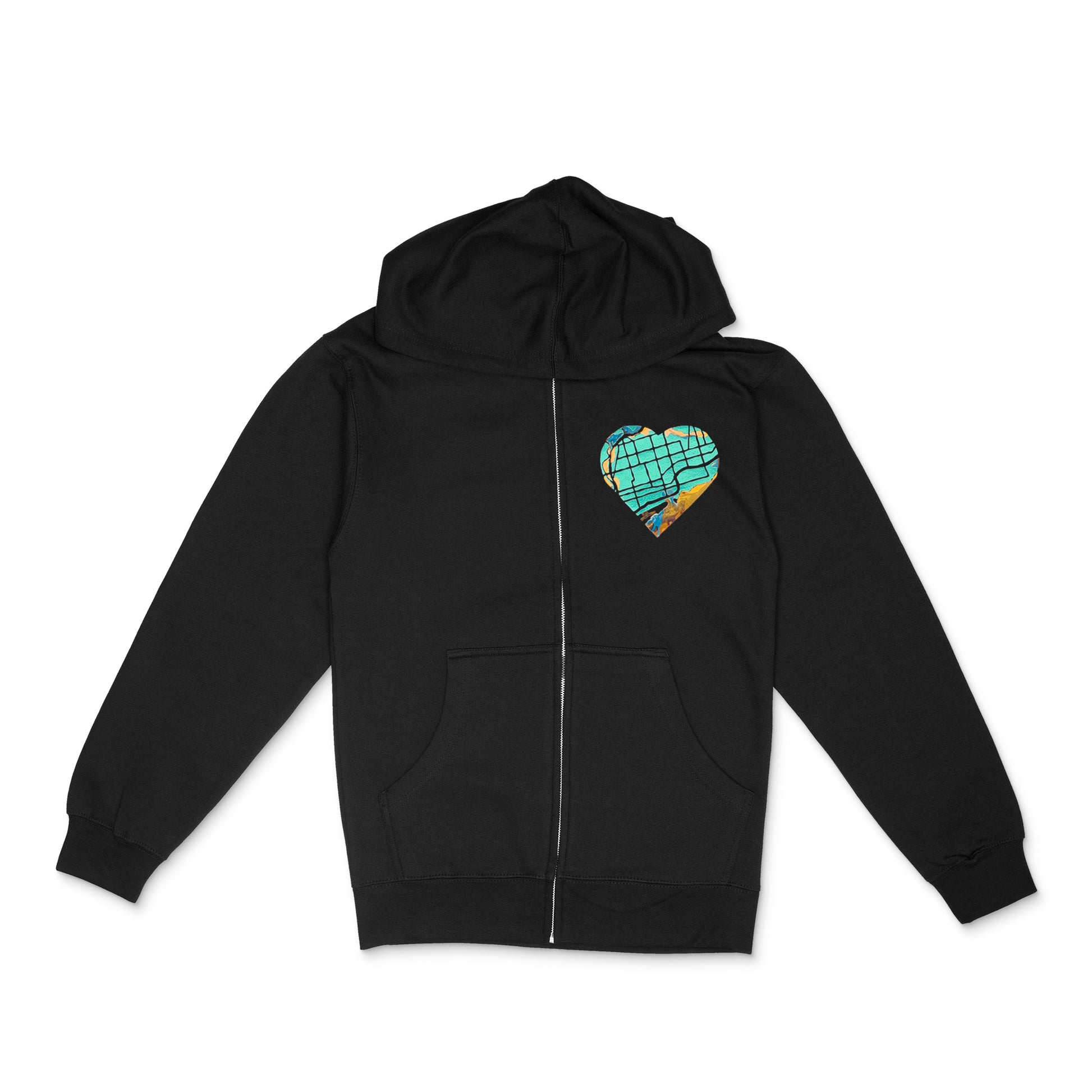 Black zip-up hoodie sweatshirt with metallic teal and shiny holographic east-end-map heart - front - by BBJ with East End Arts 