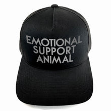 Load image into Gallery viewer, USE YOUR WORDS custom text snapback hat by Glitter Garage / BBJ - black cap with bold text in your message - sample with Emotional Support Animal text in matte silver 
