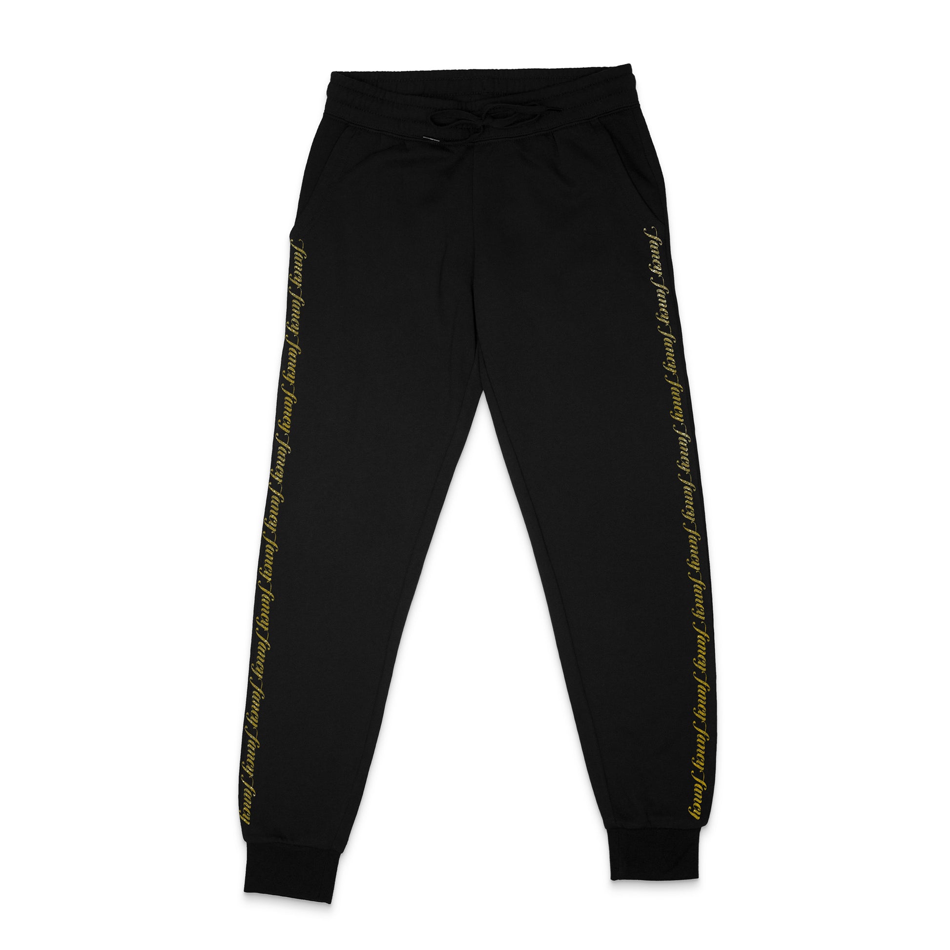 Fancy Pants - fancy text on leg sides, gold sparkle on black unisex, ethically-made sweatpants by BBJ / Glitter Garage