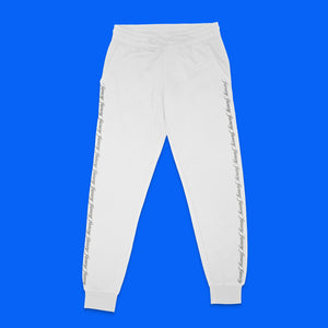 Fancy Pants - fancy text on leg sides, silver sparkle on white unisex, ethically-made sweatpants by BBJ / Glitter Garage