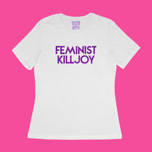 Load image into Gallery viewer, Custom text tee sample - &quot;Feminist Killjoy&quot; in purple glitter text - USE YOUR WORDS - white women&#39;s relaxed fit cotton t-shirt by BBJ / Glitter Garage
