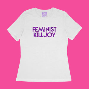 Custom text tee sample - "Feminist Killjoy" in purple glitter text - USE YOUR WORDS - white women's relaxed fit cotton t-shirt by BBJ / Glitter Garage