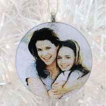 Load image into Gallery viewer, custom sample - white glitter  - Custom image glass and glitter handmade holiday ornament.
