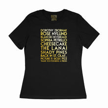 Load image into Gallery viewer, custom sample - Golden Girls - gold metallic text on black womens t-shirt - Custom YourTen tee by BBJ / Glitter Garage
