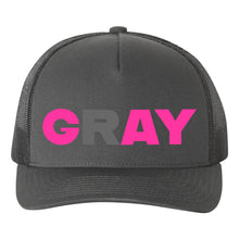Load image into Gallery viewer, Gray and Gay ball cap - unisex charcoal snapback hat with fluorescent pink and dark grey matte text by BBJ / Glitter Garage
