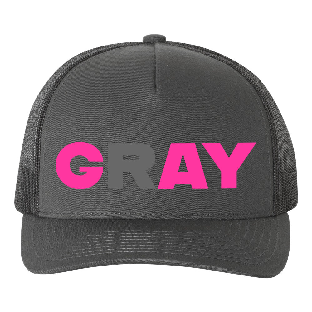 Gray and Gay ball cap - unisex charcoal snapback hat with fluorescent pink and dark grey matte text by BBJ / Glitter Garage