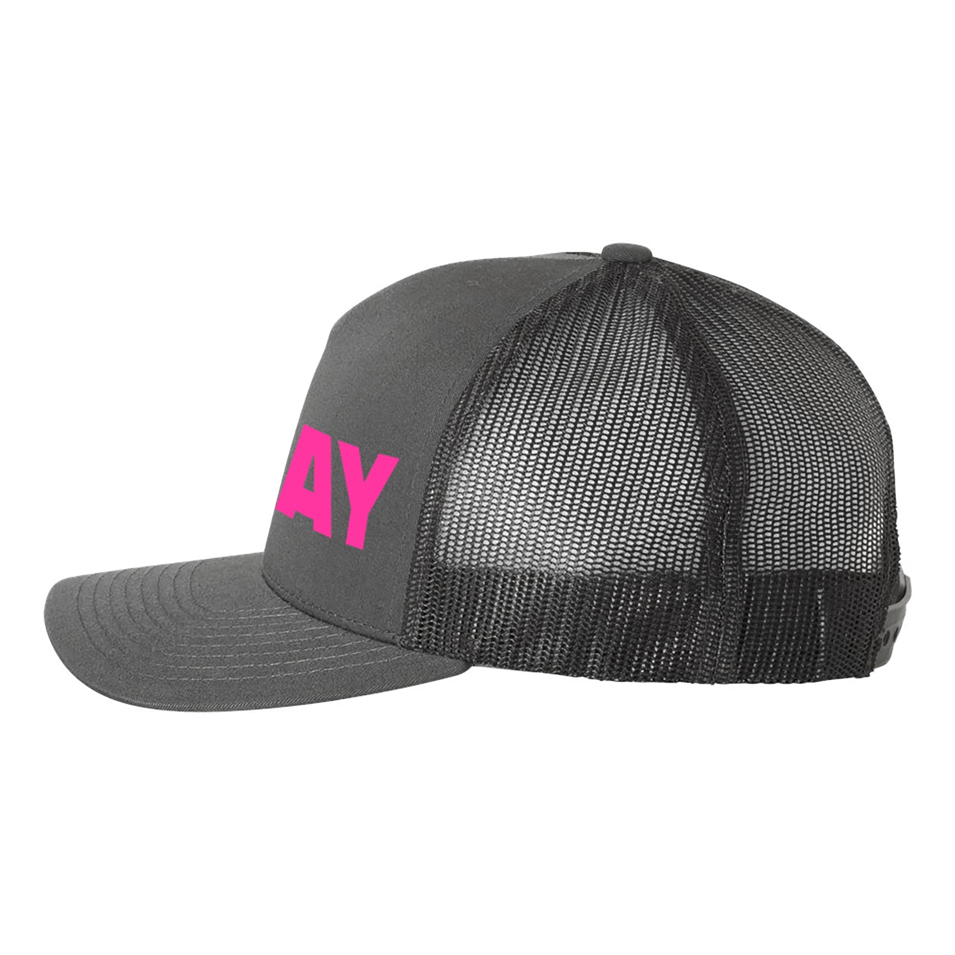 Gray and Gay ball cap - side view - unisex charcoal snapback hat with fluorescent pink and dark grey matte text by BBJ / Glitter Garage