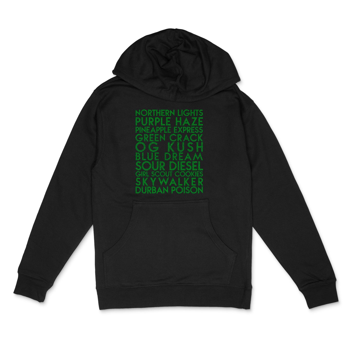 custom sample - Cannabis Strains custom green glitter on black unisex pullover hoodie - Custom YourTen sweatshirt by BBJ / Glitter Garage