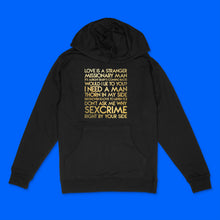 Load image into Gallery viewer, custom sample -  songs custom gold metallic text on black unisex pullover hoodie - Custom YourTen sweatshirt by BBJ / Glitter Garage
