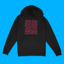 Load image into Gallery viewer, custom sample - Sheroes custom hot pink glitter text on black unisex pullover hoodie - Custom YourTen sweatshirt by BBJ / Glitter Garage
