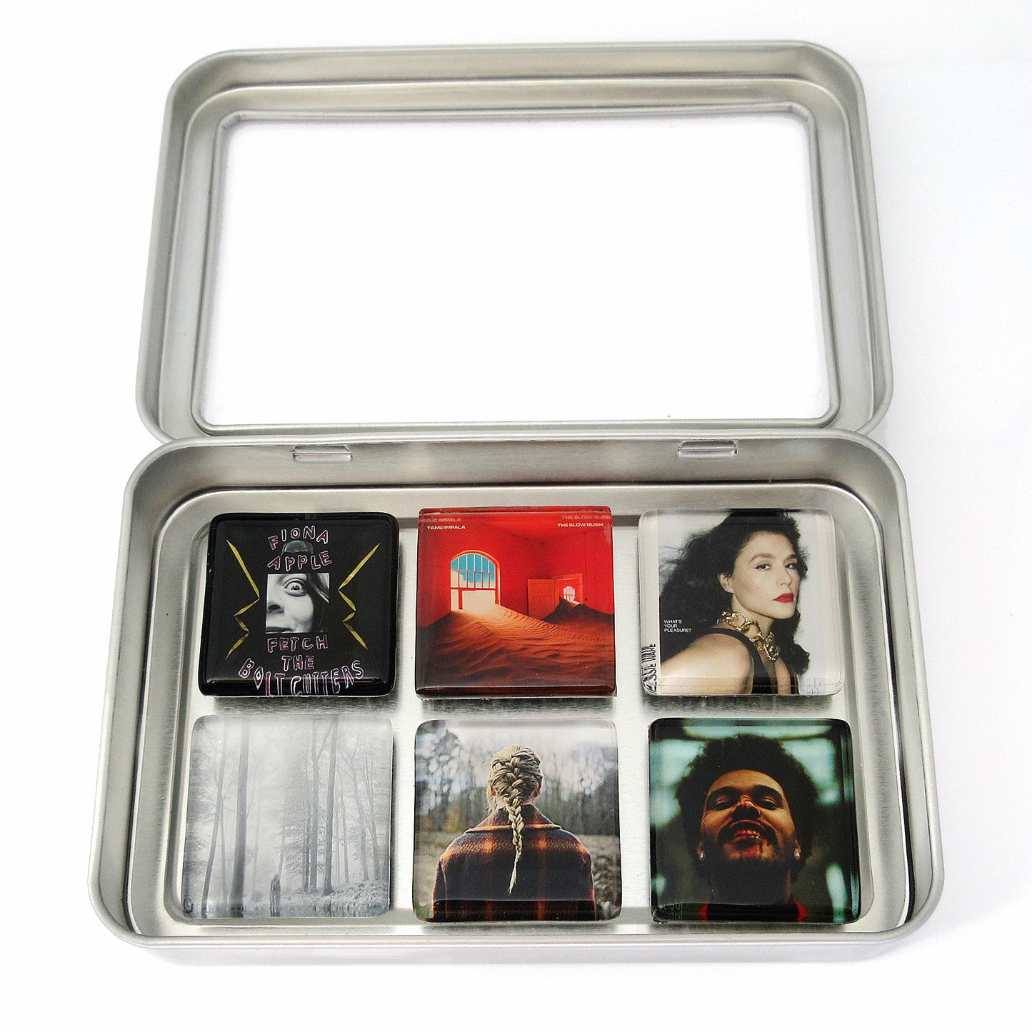 Custom glass album cover magnet of 6 glass magnets in tin set by BBJ