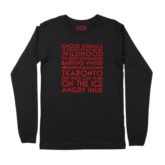 Indigenous films YourTen custom sample - red matte text on black unisex long-sleeve t-shirt -  by BBJ / Glitter Garage