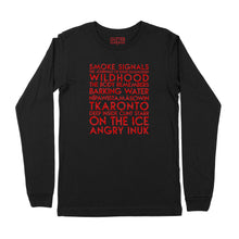 Load image into Gallery viewer, Indigenous films YourTen custom sample - red matte text on black unisex long-sleeve t-shirt -  by BBJ / Glitter Garage
