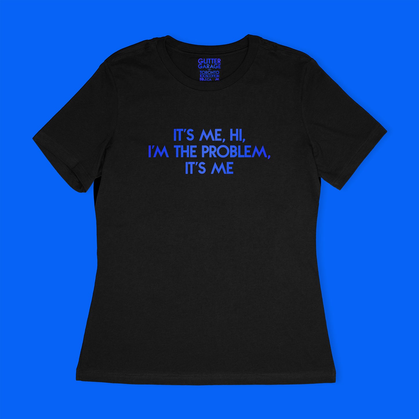 Custom text tee - with "It's Me, Hi..." in blue metallic text - USE YOUR WORDS - Black women's relaxed fit cotton t-shirt  by BBJ / Glitter Garage
