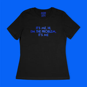 Custom text tee - with "It's Me, Hi..." in blue metallic text - USE YOUR WORDS - Black women's relaxed fit cotton t-shirt  by BBJ / Glitter Garage