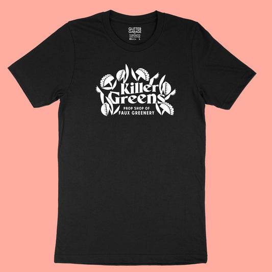 Black premium unisex tee shirt with large Killer Greens logo in white vinyl by BBJ / Glitter Garage