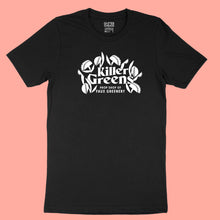 Load image into Gallery viewer, Black premium unisex tee shirt with large Killer Greens logo in white vinyl by BBJ / Glitter Garage
