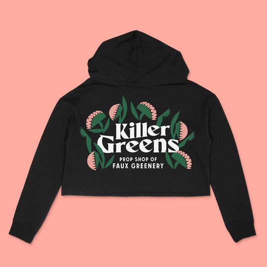 Killer Greens oversize 3-colour logo on black lightweight fleece cropped hoodie by BBJ / Glitter Garage