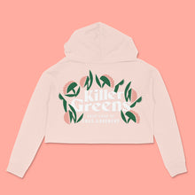 Load image into Gallery viewer, Killer Greens oversize 3-colour logo on blush pink lightweight fleece cropped hoodie by BBJ / Glitter Garage
