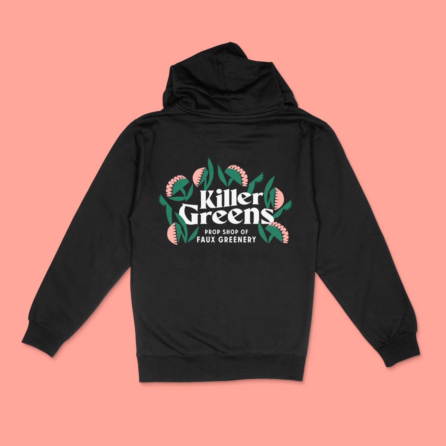 Black premium unisex zip hoodie with large Killer Greens back logo in white, green and melon vinyl by BBJ / Glitter Garage - back view