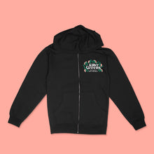 Load image into Gallery viewer, Black premium unisex zip hoodie with small Killer Greens chest logo in white, green and melon vinyl by BBJ / Glitter Garage - front view
